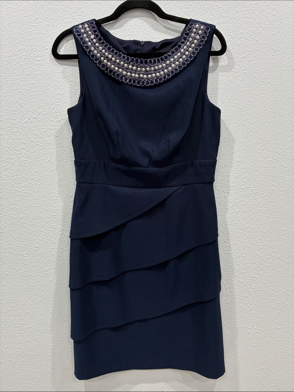 connected apparel Navy Sleeveless Dress with Beaded Pearl Collar